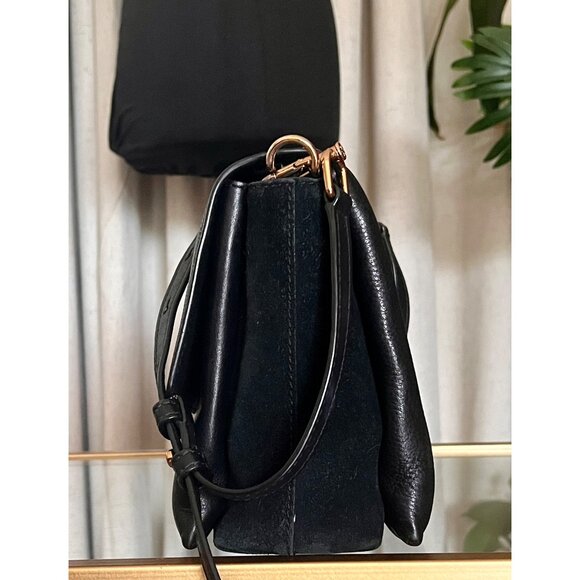 Tory Burch Black Leather and Suede Kira Handbag With Gold Logo Accents & Adjusta - Picture 2 of 13